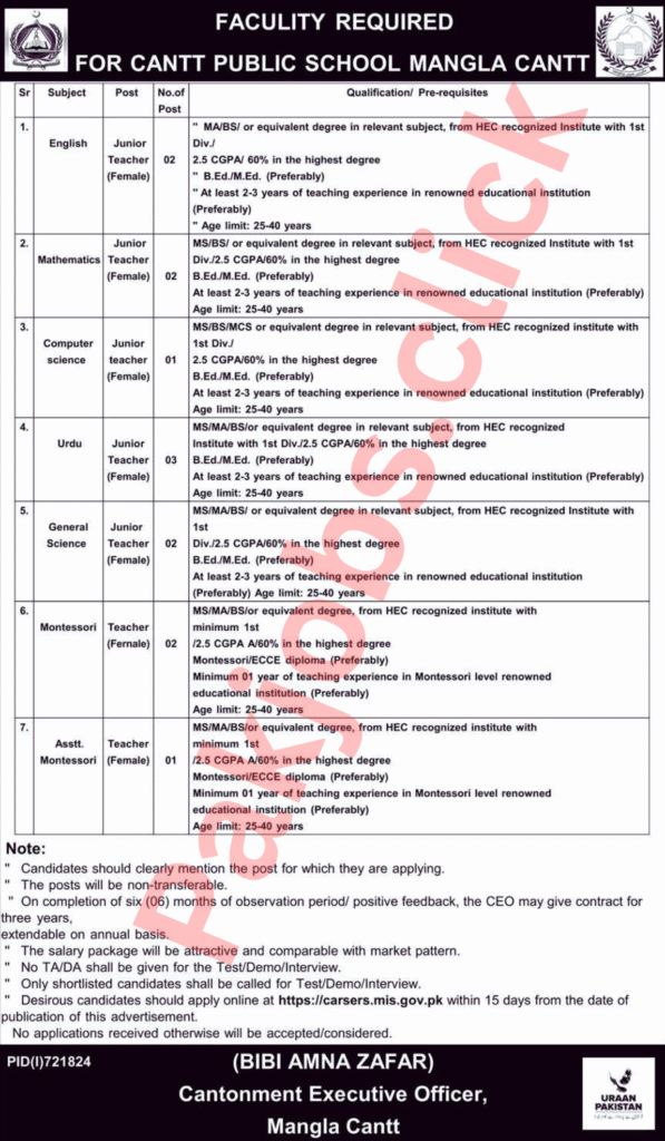 Cantt Public School Jobs 2025 Mangla